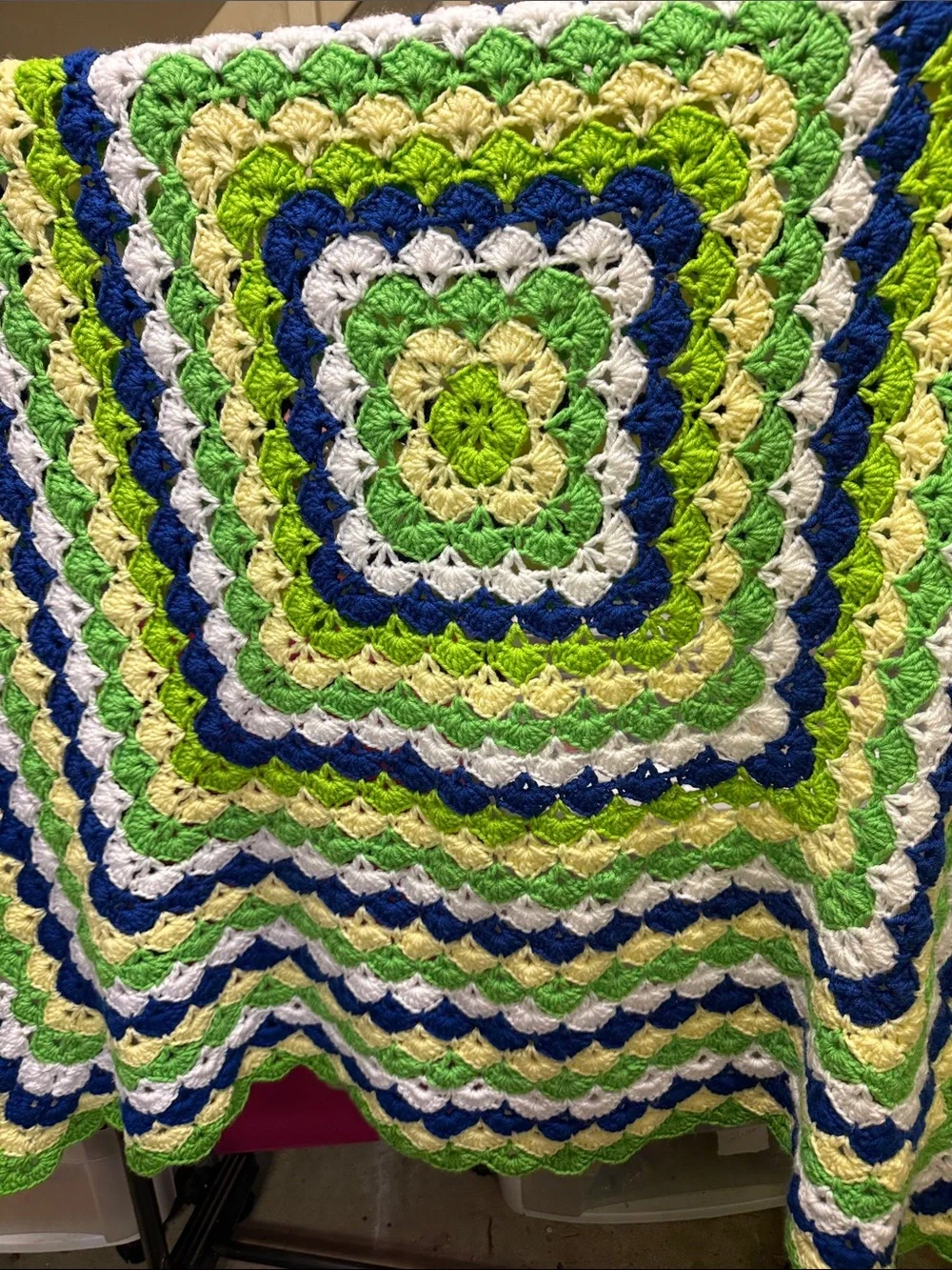 Handmade Crochet Throw Blanket in Green, Blue, Cream & White